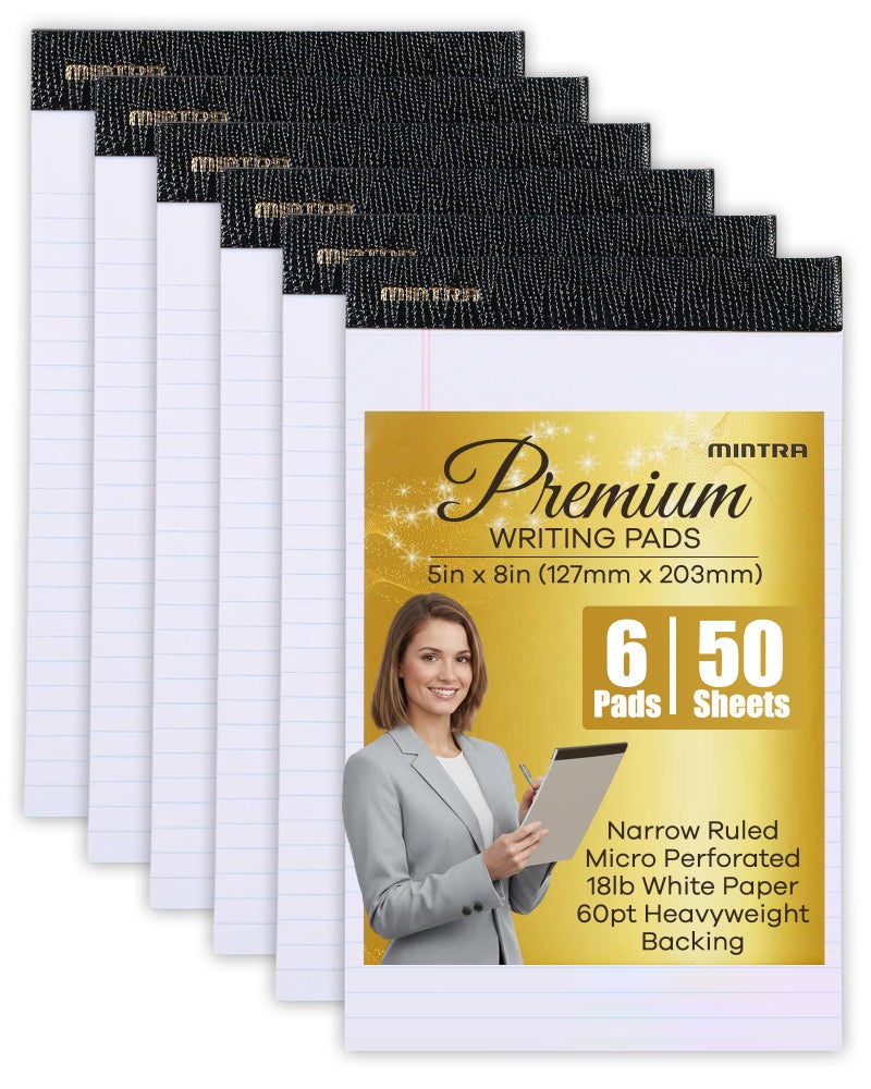 Mintra Office Legal Pads - ((PREMIUM WHITE 6pk, 5in x 8in, NARROW RULED)) - Image 1